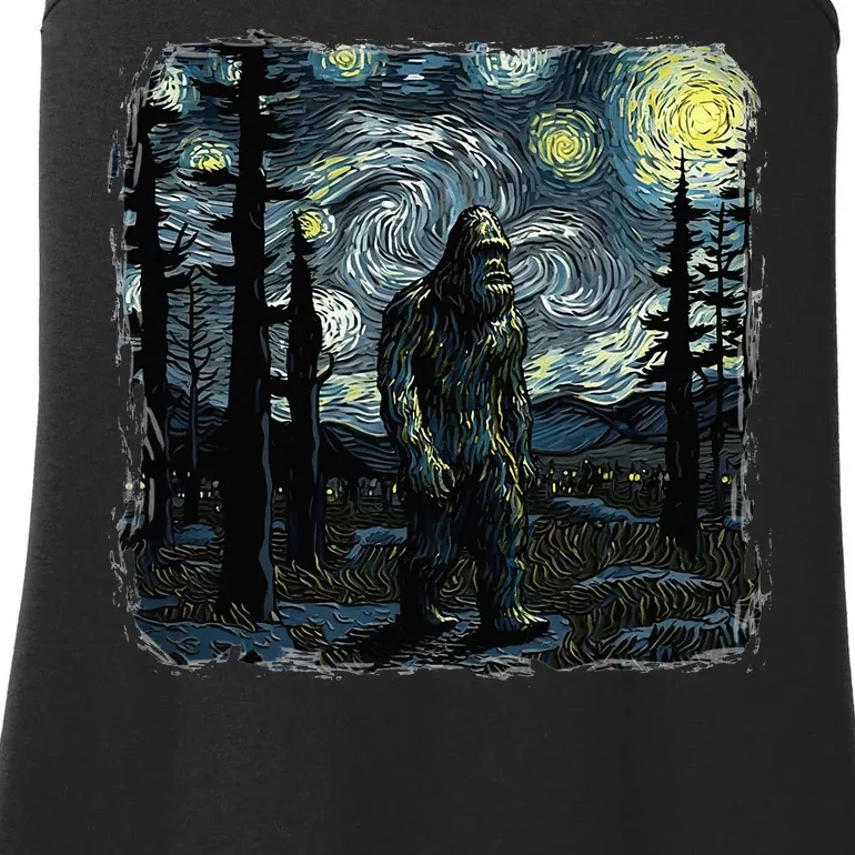 Bigfoot Starry Night Sasquatch Van Gogh Sky Painting Ladies Essential Tank