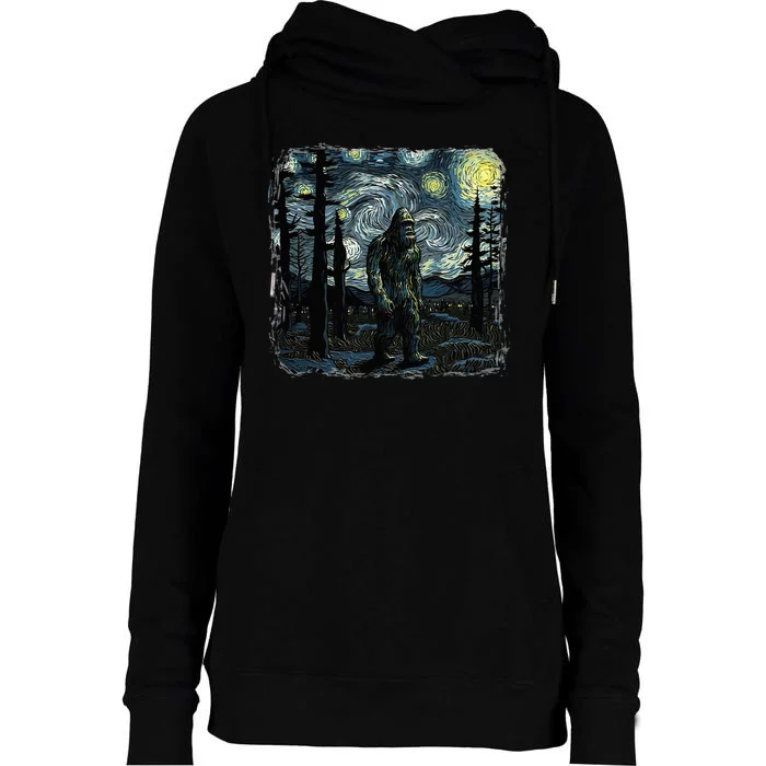 Bigfoot Starry Night Sasquatch Van Gogh Sky Painting Womens Funnel Neck Pullover Hood