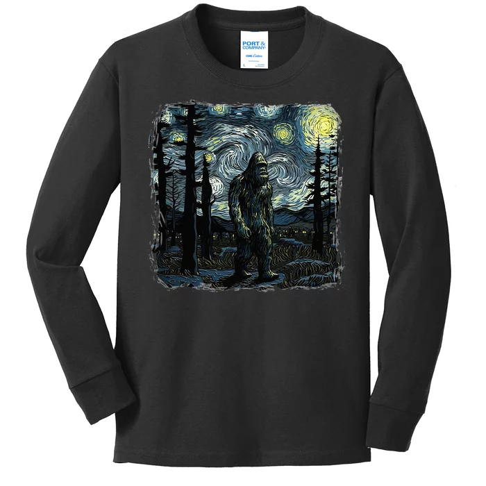 Bigfoot Starry Night Sasquatch Van Gogh Sky Painting Kids Long Sleeve Shirt