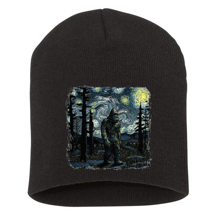 Bigfoot Starry Night Sasquatch Van Gogh Sky Painting Short Acrylic Beanie