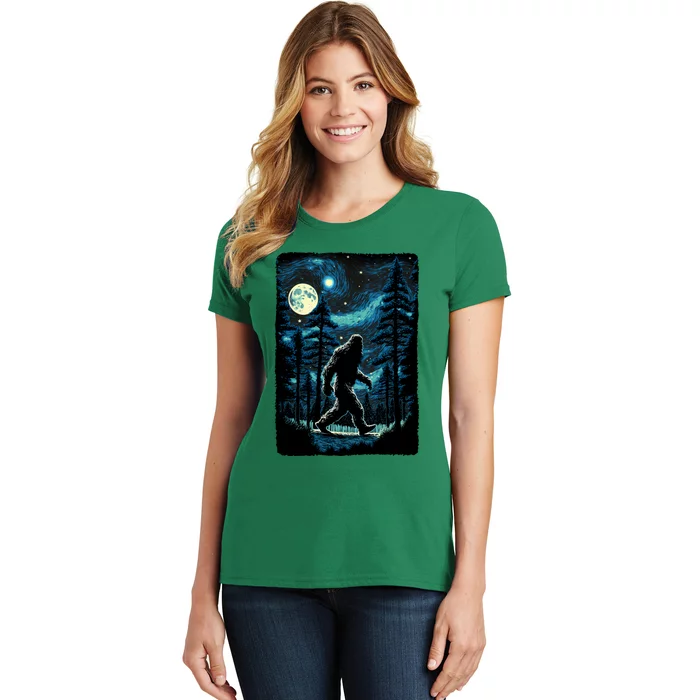 Bigfoot Starry Night Sasquatch Van Gogh Sky Painting Art Women's T-Shirt