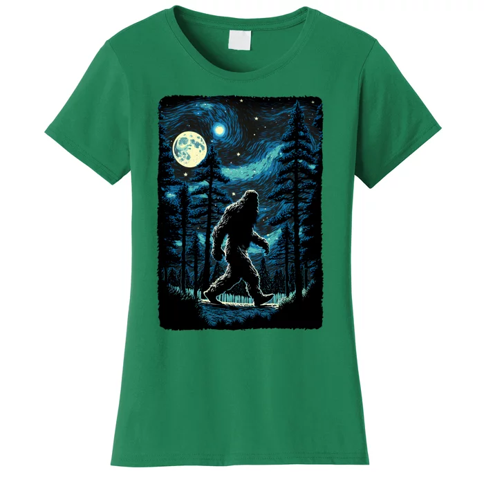 Bigfoot Starry Night Sasquatch Van Gogh Sky Painting Art Women's T-Shirt