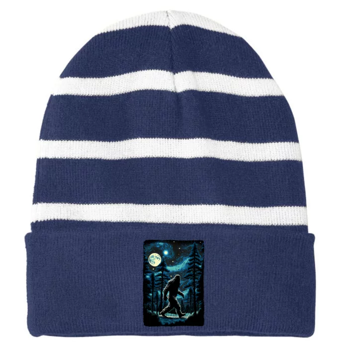 Bigfoot Starry Night Sasquatch Van Gogh Sky Painting Art Striped Beanie with Solid Band