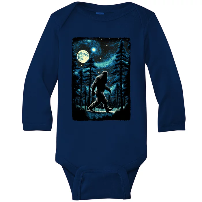 Bigfoot Starry Night Sasquatch Van Gogh Sky Painting Art Baby Long Sleeve Bodysuit