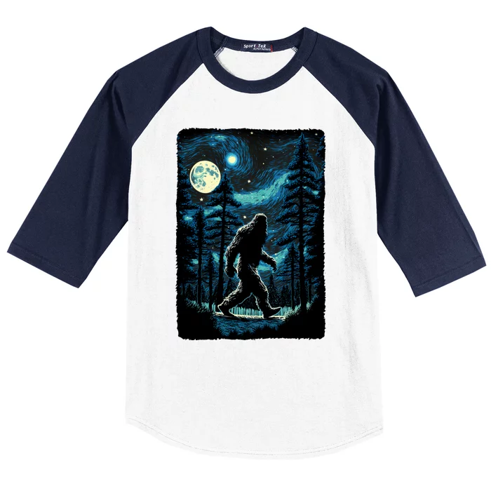 Bigfoot Starry Night Sasquatch Van Gogh Sky Painting Art Baseball Sleeve Shirt