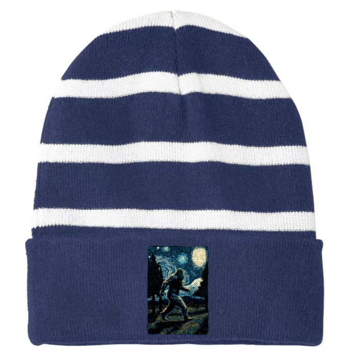 Bigfoot Starry Night Sasquatch Van Gogh Sky Painting Art Striped Beanie with Solid Band