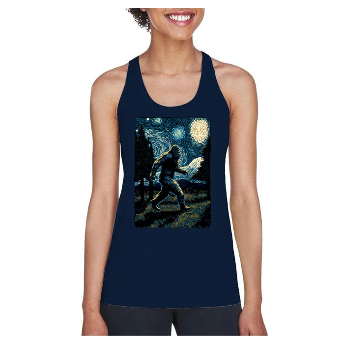 Bigfoot Starry Night Sasquatch Van Gogh Sky Painting Art Women's Racerback Tank