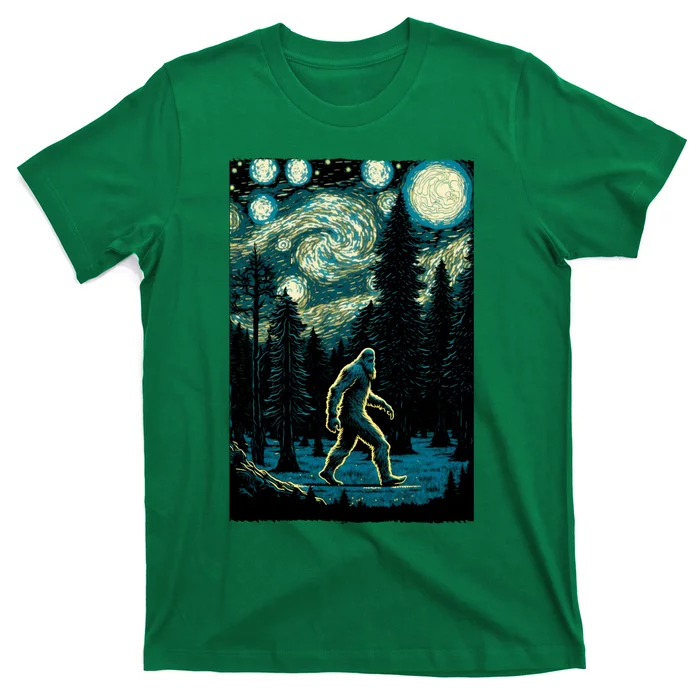 Bigfoot Starry Night Sasquatch Van Gogh Sky Painting Art T-Shirt