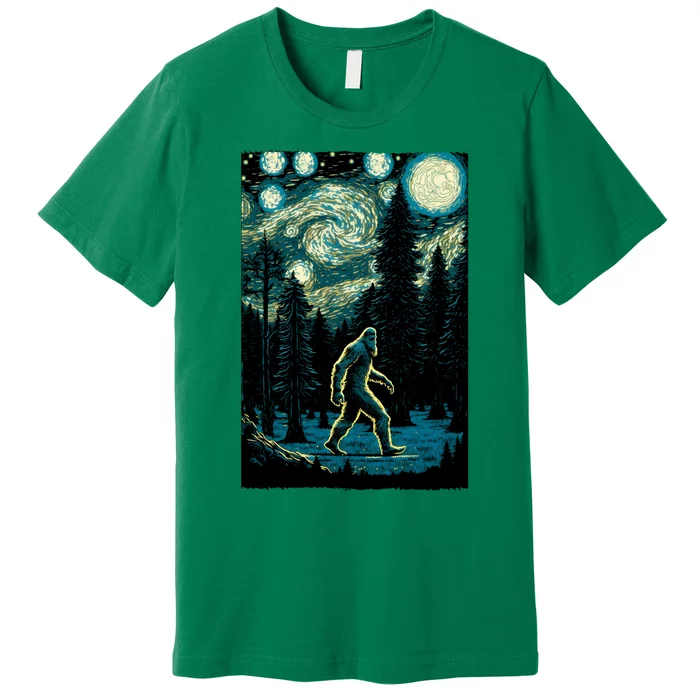 Bigfoot Starry Night Sasquatch Van Gogh Sky Painting Art Premium T-Shirt