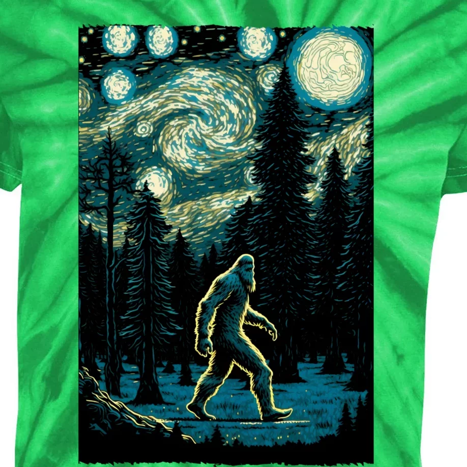 Bigfoot Starry Night Sasquatch Van Gogh Sky Painting Art Kids Tie-Dye T-Shirt