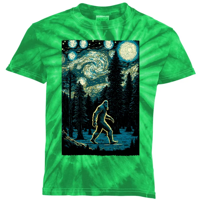 Bigfoot Starry Night Sasquatch Van Gogh Sky Painting Art Kids Tie-Dye T-Shirt