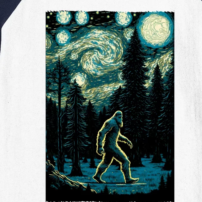 Bigfoot Starry Night Sasquatch Van Gogh Sky Painting Art Baseball Sleeve Shirt