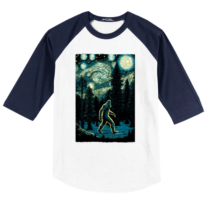 Bigfoot Starry Night Sasquatch Van Gogh Sky Painting Art Baseball Sleeve Shirt