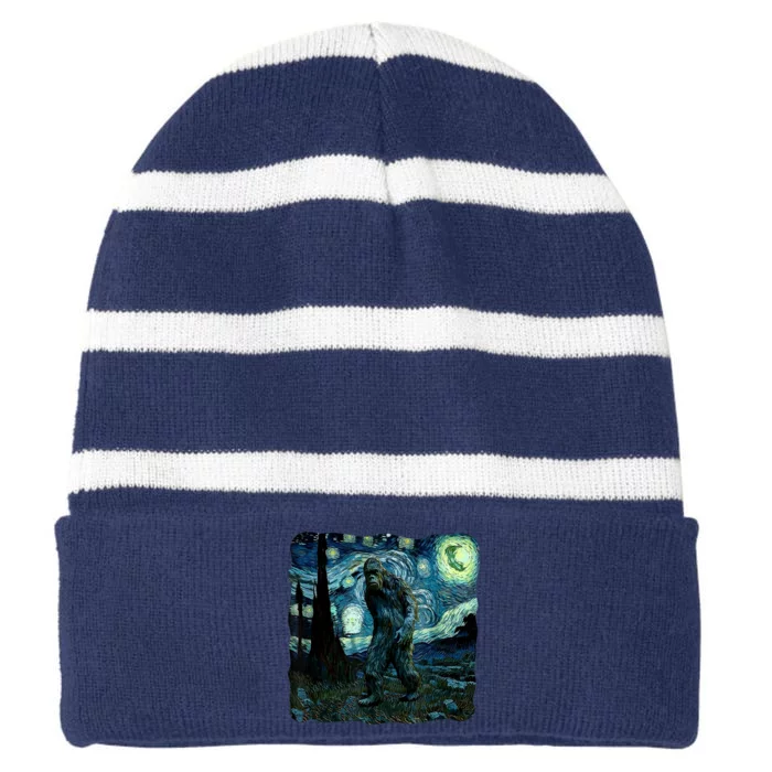 Bigfoot Starry Night Van Gogh Painting Sasquatch Art Striped Beanie with Solid Band