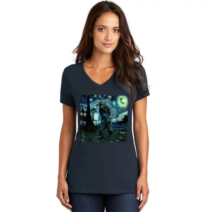 Bigfoot Starry Night Van Gogh Painting Sasquatch Art Women's V-Neck T-Shirt