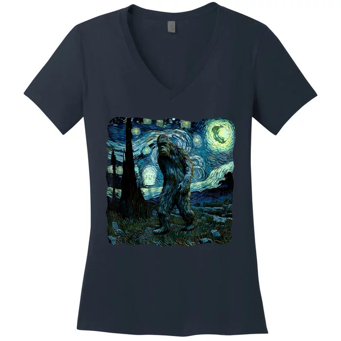 Bigfoot Starry Night Van Gogh Painting Sasquatch Art Women's V-Neck T-Shirt