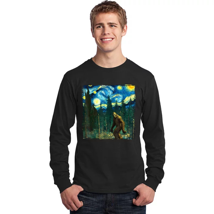 Bigfoot Starry Night Van Gogh Sasquatch Art Funny Long Sleeve Shirt