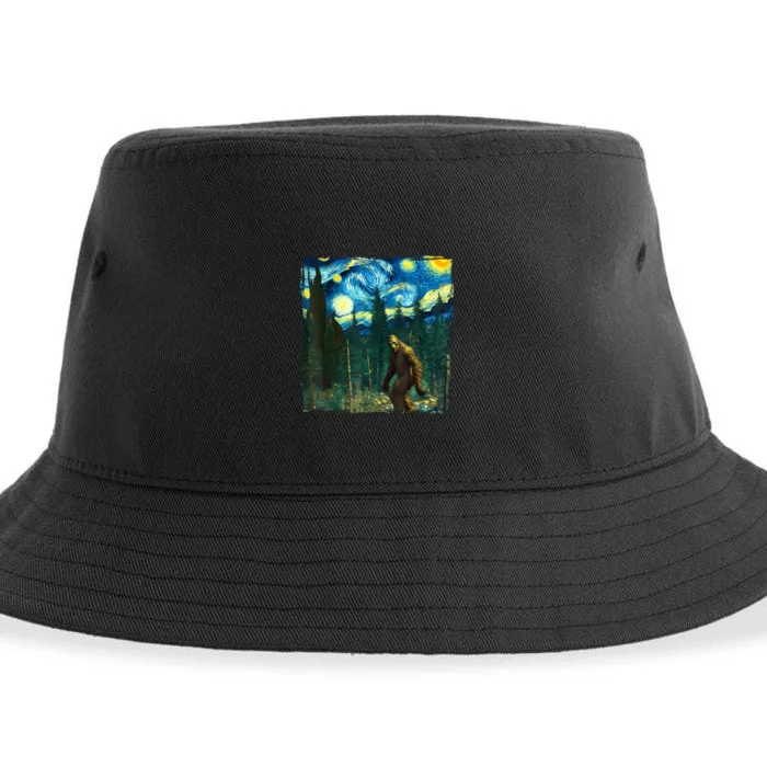 Bigfoot Starry Night Van Gogh Sasquatch Art Funny Sustainable Bucket Hat