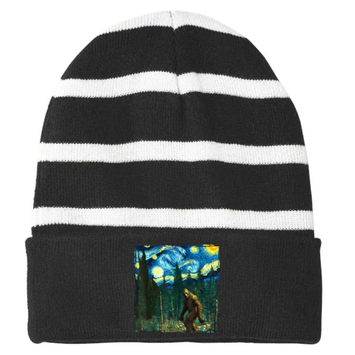 Bigfoot Starry Night Van Gogh Sasquatch Art Funny Striped Beanie with Solid Band