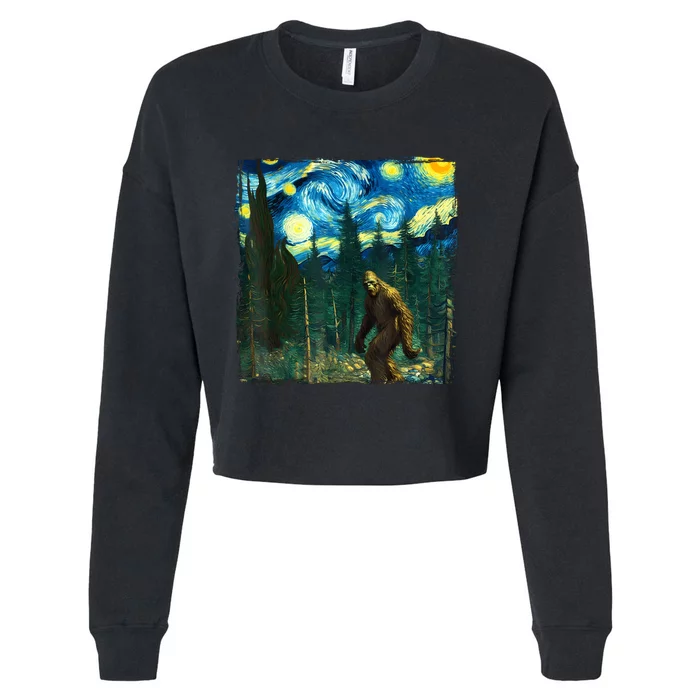 Bigfoot Starry Night Van Gogh Sasquatch Art Funny Cropped Pullover Crew