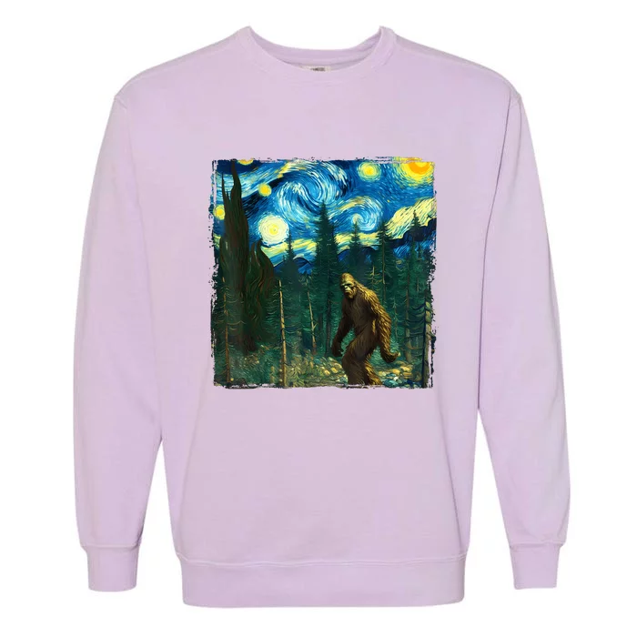 Bigfoot Starry Night Van Gogh Sasquatch Art Funny Garment-Dyed Sweatshirt