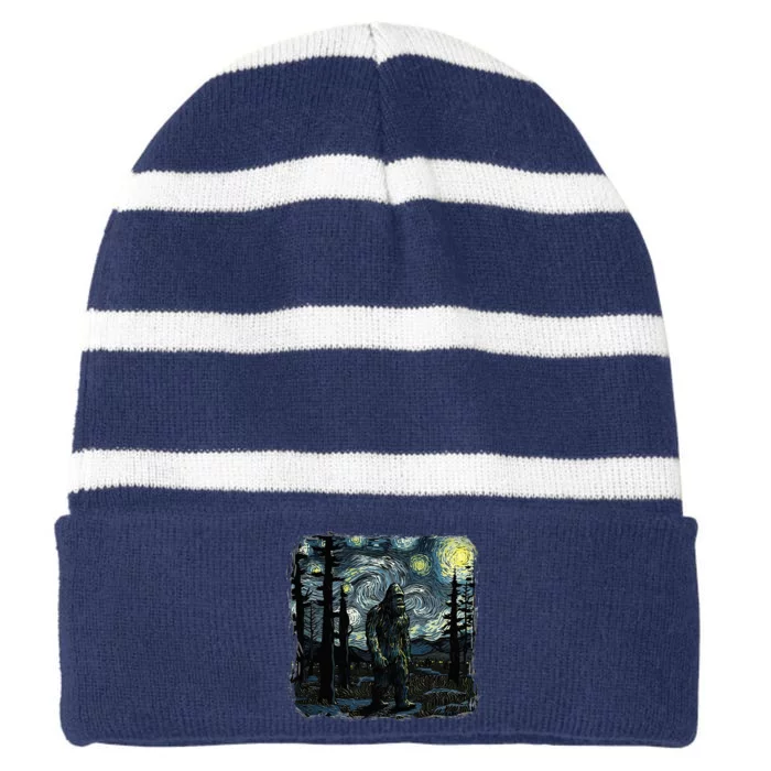 Bigfoot Starry Night Sasquatch Van Gogh Sky Painting Art Striped Beanie with Solid Band