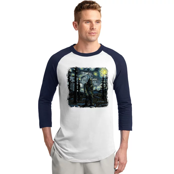 Bigfoot Starry Night Sasquatch Van Gogh Sky Painting Art Baseball Sleeve Shirt