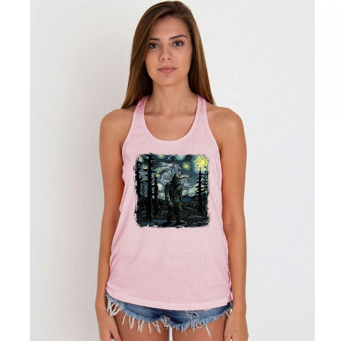 Bigfoot Starry Night Sasquatch Van Gogh Sky Painting Art Women's Knotted Racerback Tank