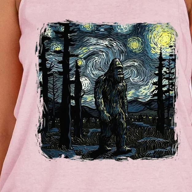 Bigfoot Starry Night Sasquatch Van Gogh Sky Painting Art Women's Knotted Racerback Tank