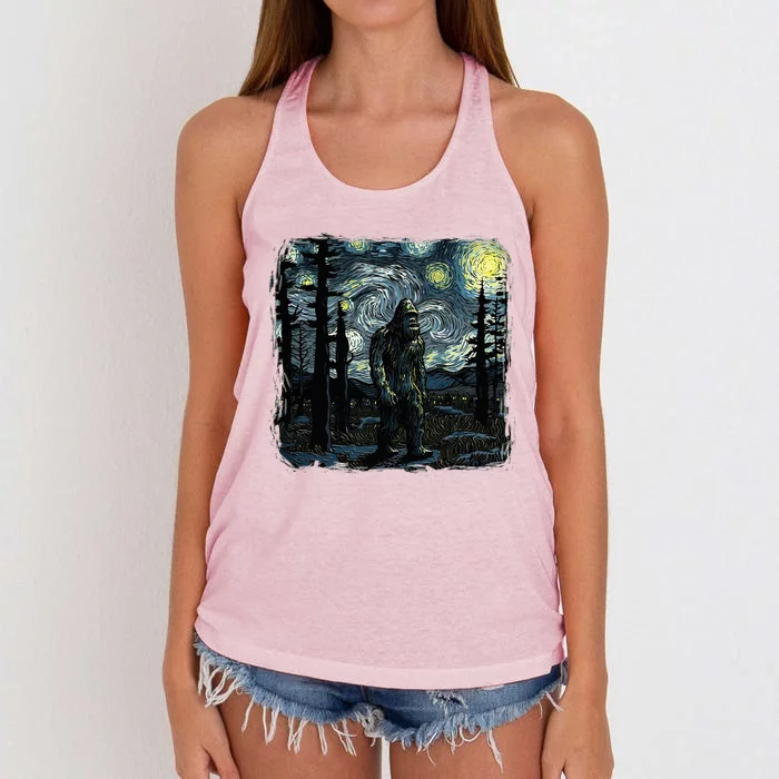 Bigfoot Starry Night Sasquatch Van Gogh Sky Painting Art Women's Knotted Racerback Tank