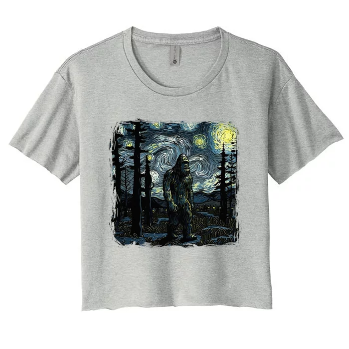 Bigfoot Starry Night Sasquatch Van Gogh Sky Painting Art Women's Crop Top Tee