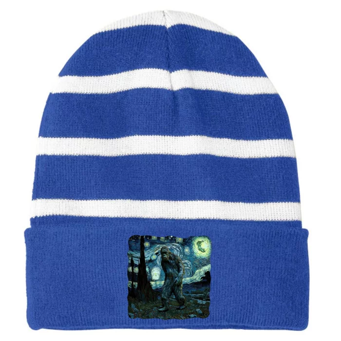 Bigfoot Starry Night Van Gogh Painting Sasquatch Art Gift Striped Beanie with Solid Band