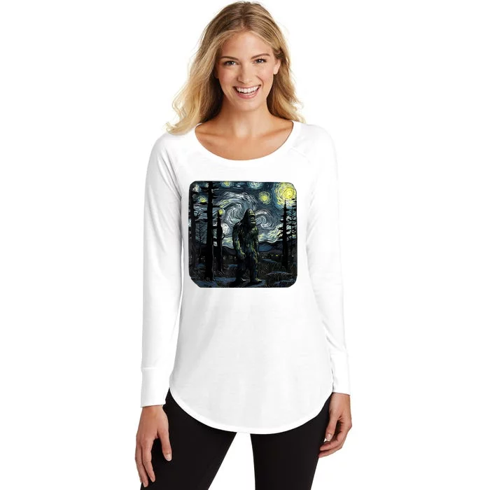 Bigfoot Starry Night Sasquatch Van Gogh Sky Painting Art Women's Perfect Tri Tunic Long Sleeve Shirt