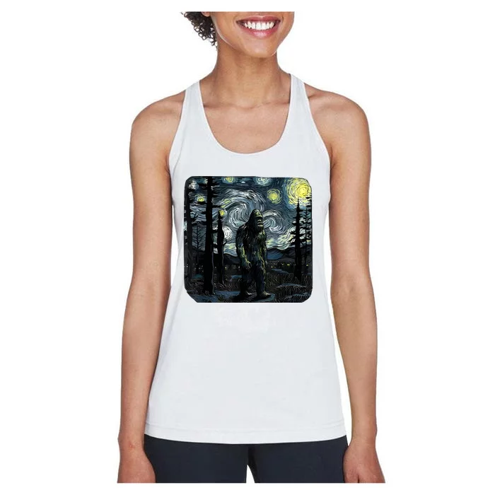 Bigfoot Starry Night Sasquatch Van Gogh Sky Painting Art Women's Racerback Tank