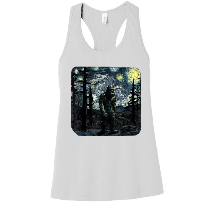 Bigfoot Starry Night Sasquatch Van Gogh Sky Painting Art Women's Racerback Tank