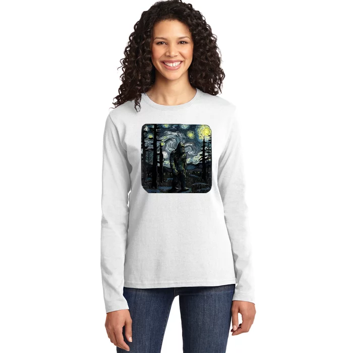 Bigfoot Starry Night Sasquatch Van Gogh Sky Painting Art Ladies Long Sleeve Shirt