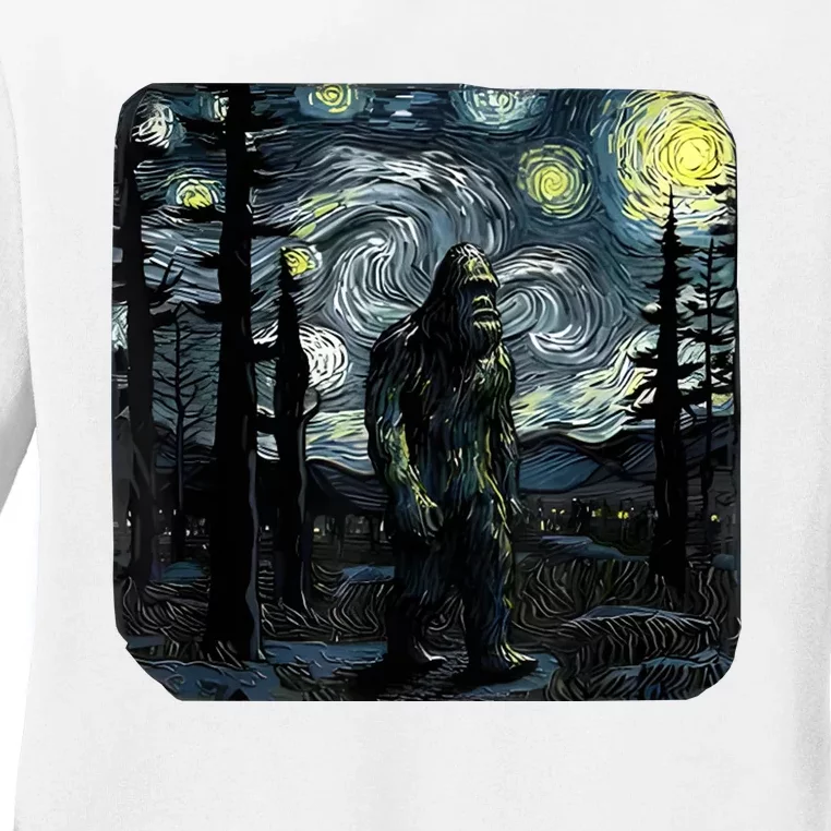 Bigfoot Starry Night Sasquatch Van Gogh Sky Painting Art Ladies Long Sleeve Shirt