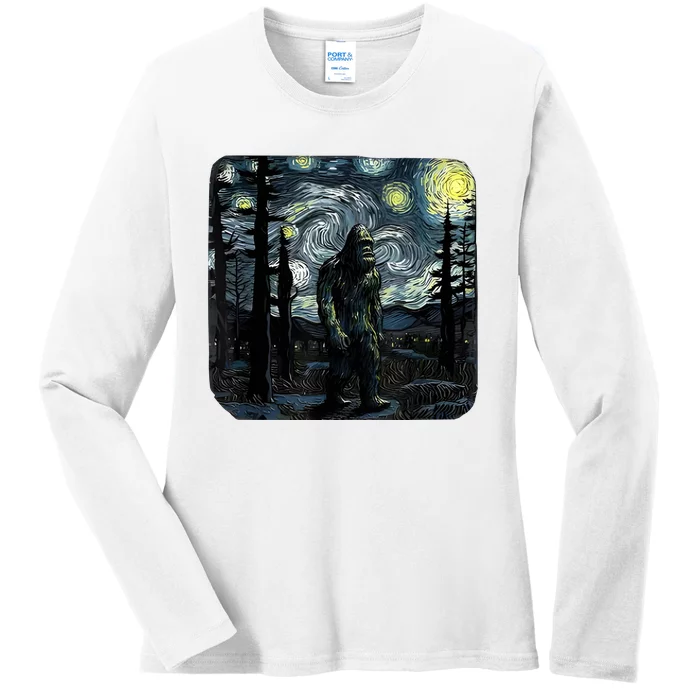 Bigfoot Starry Night Sasquatch Van Gogh Sky Painting Art Ladies Long Sleeve Shirt