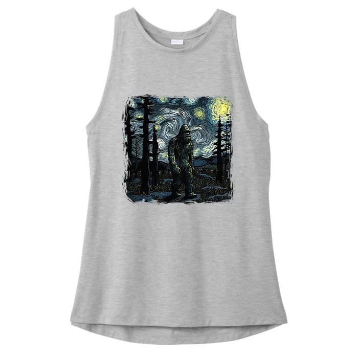 Bigfoot Starry Night Sasquatch Van Gogh Sky Painting Art Ladies Tri-Blend Wicking Tank