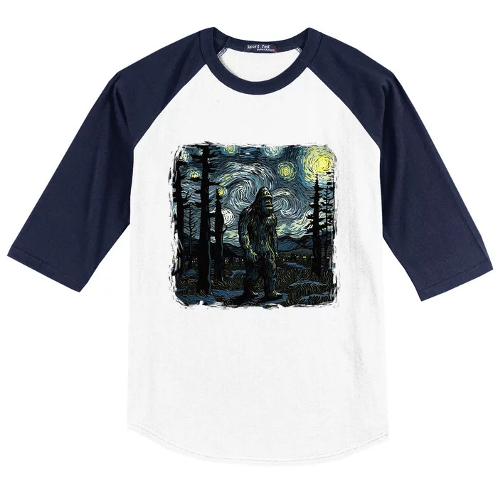 Bigfoot Starry Night Sasquatch Van Gogh Sky Painting Art Baseball Sleeve Shirt