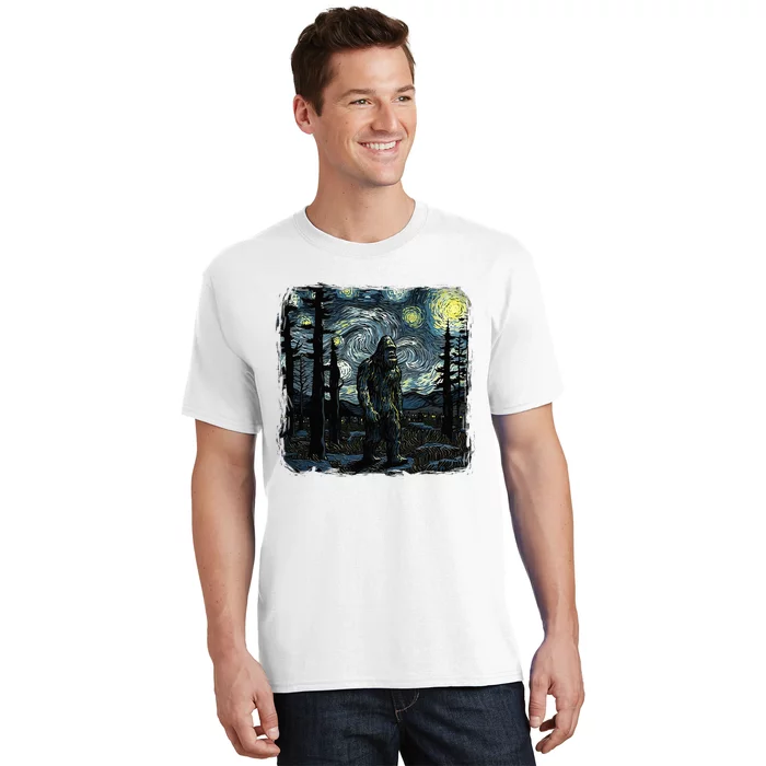 Bigfoot Starry Night Sasquatch Van Gogh Sky Painting Art T-Shirt