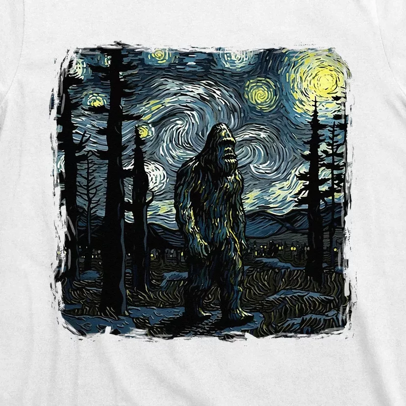 Bigfoot Starry Night Sasquatch Van Gogh Sky Painting Art T-Shirt