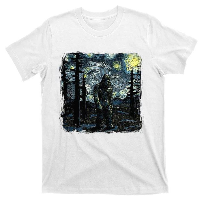 Bigfoot Starry Night Sasquatch Van Gogh Sky Painting Art T-Shirt