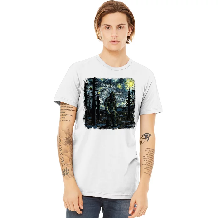 Bigfoot Starry Night Sasquatch Van Gogh Sky Painting Art Premium T-Shirt