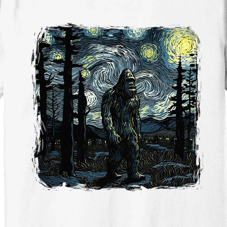 Bigfoot Starry Night Sasquatch Van Gogh Sky Painting Art Premium T-Shirt