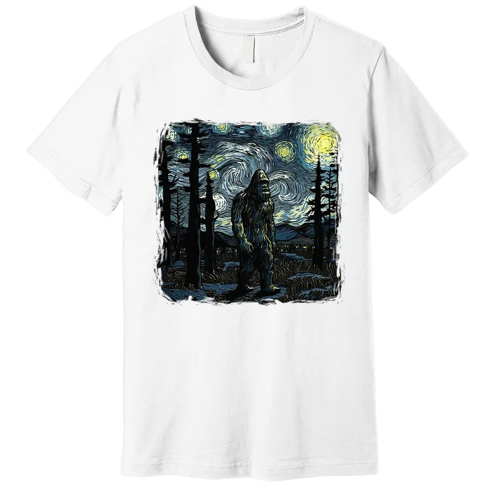 Bigfoot Starry Night Sasquatch Van Gogh Sky Painting Art Premium T-Shirt