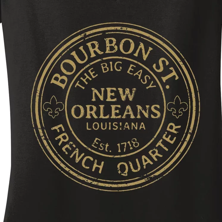 Bourbon Street New Orleans French Quarter Distressed Women's V-Neck T-Shirt