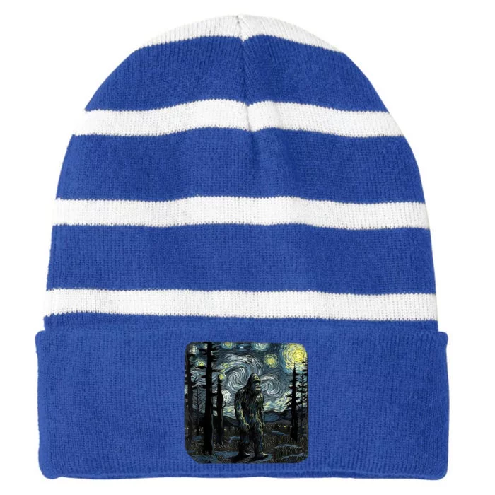 Bigfoot Starry Night Sasquatch Van Gogh Sky Painting Art Striped Beanie with Solid Band