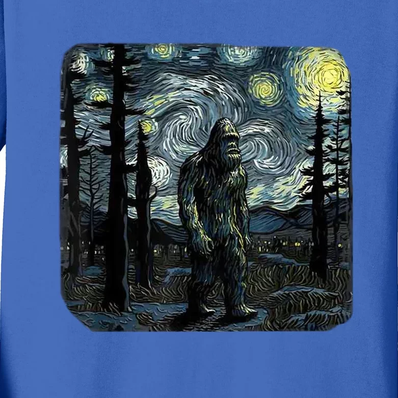 Bigfoot Starry Night Sasquatch Van Gogh Sky Painting Art Kids Long Sleeve Shirt