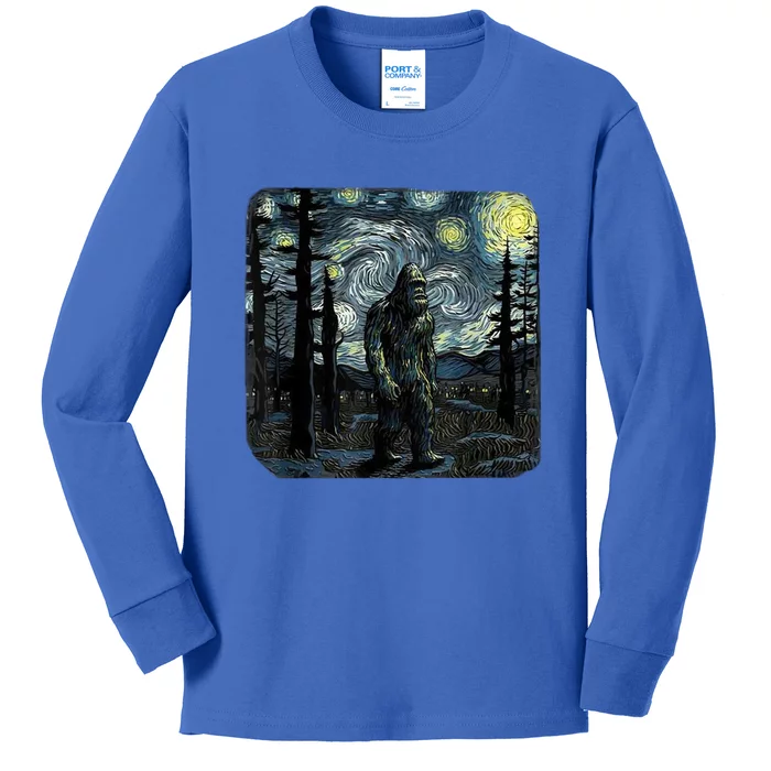 Bigfoot Starry Night Sasquatch Van Gogh Sky Painting Art Kids Long Sleeve Shirt